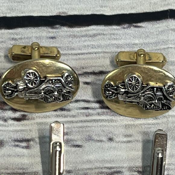 Vintage Set of 4 Mens Cufflinks Antique Cars Circles Mother of Pearl Gold Silver - Picture 5 of 10